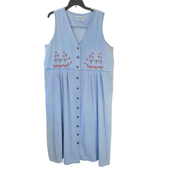 Vintage Chambray Cotton Denim Full Button Front Maxi Dress Pockets Size L - Picture 2 of 7